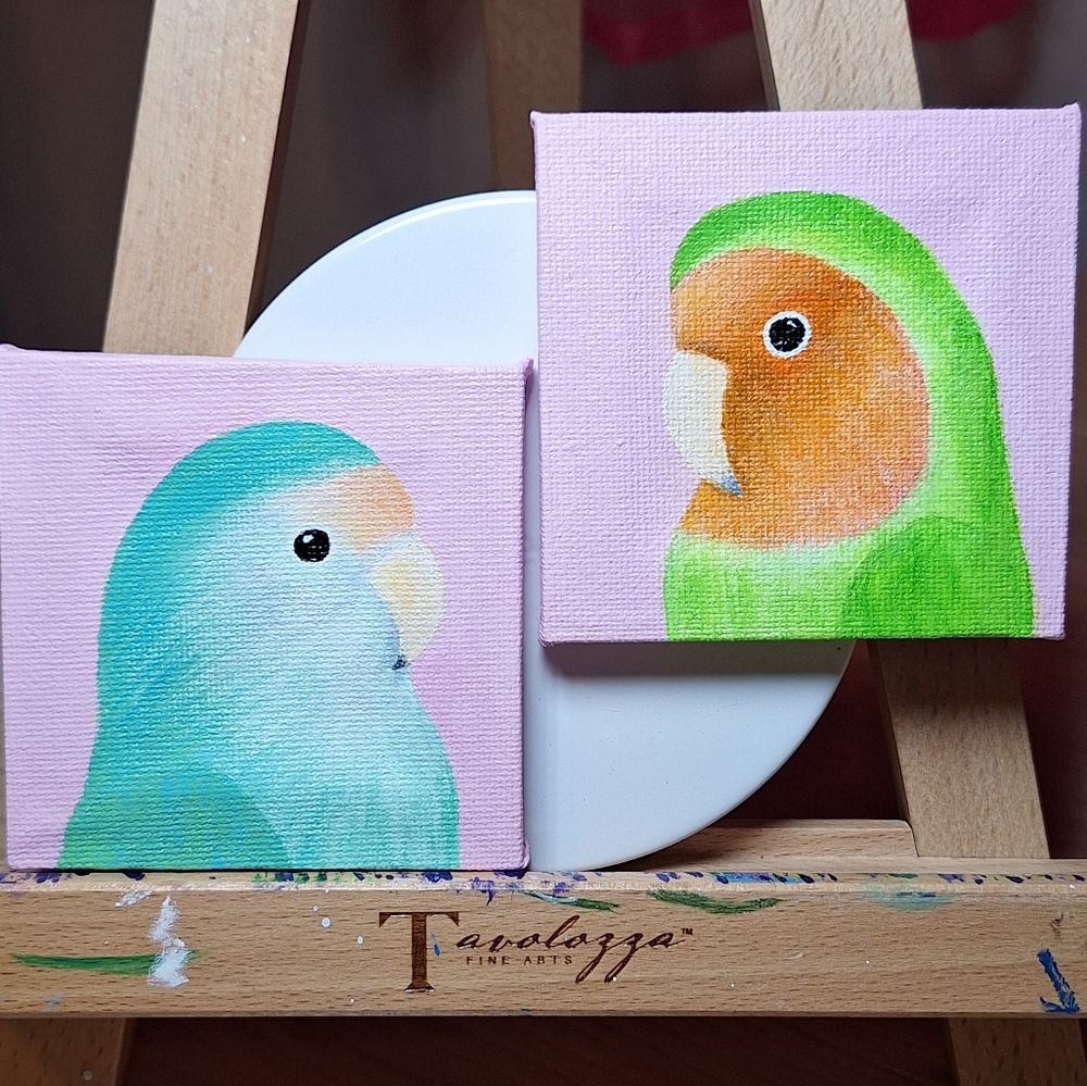 Rosy-faced Lovebirds Hand-painted Canvas Magnets - Set of 2 - Picture 5 of 9